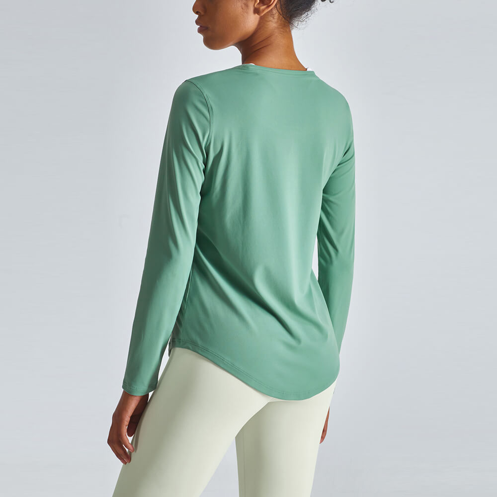 woman long sleeve nylon gym t-shirt with curved hem 丨 Lezhou Garment