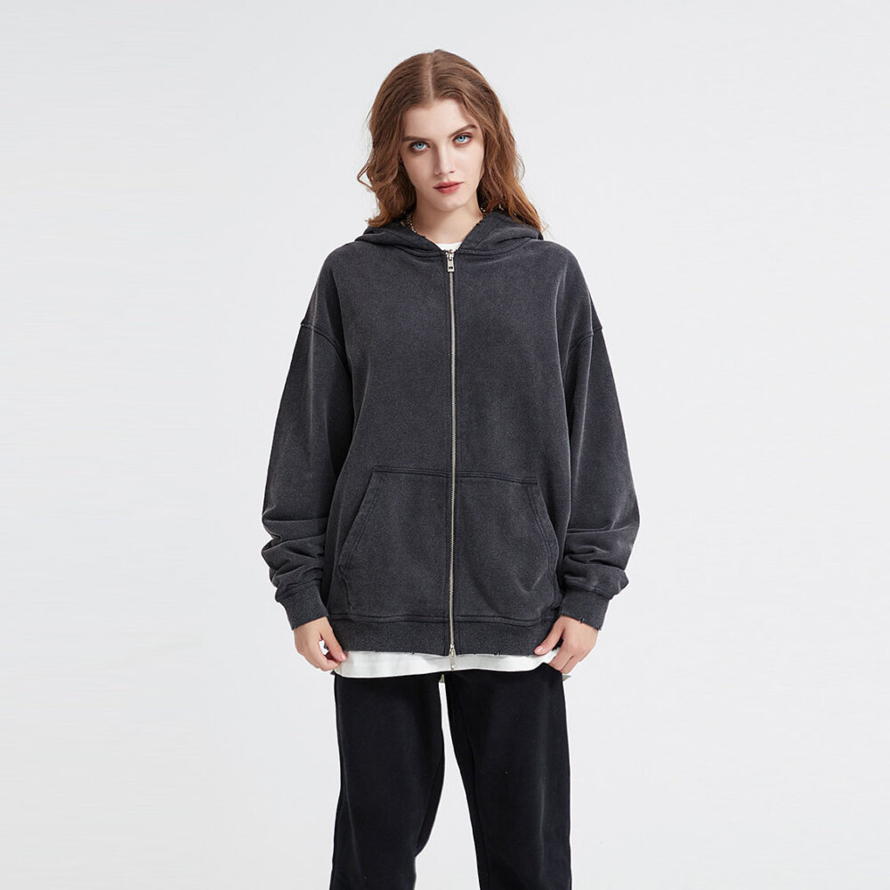 Two-way zipper vintage stone wash distressed unisex hoodie 丨 Lezhou Garment